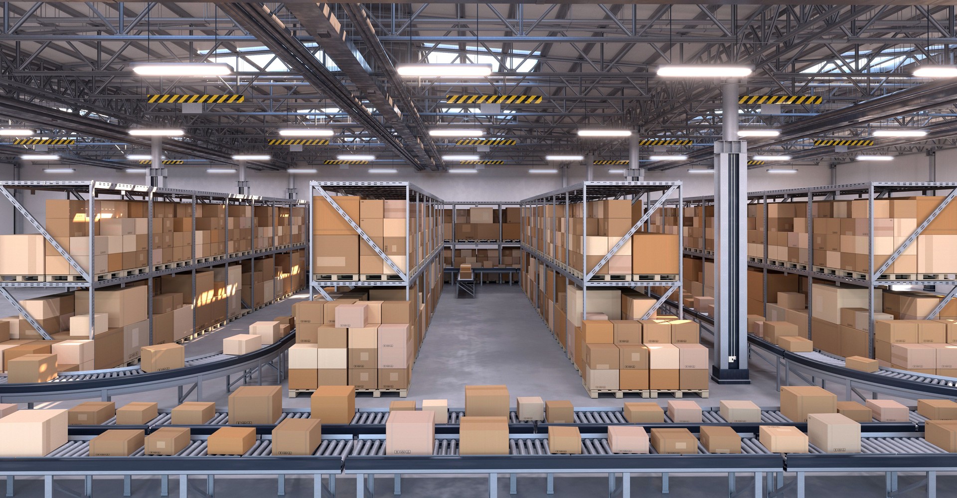 Large distribution warehouse full of shipping boxes on conveyor belts